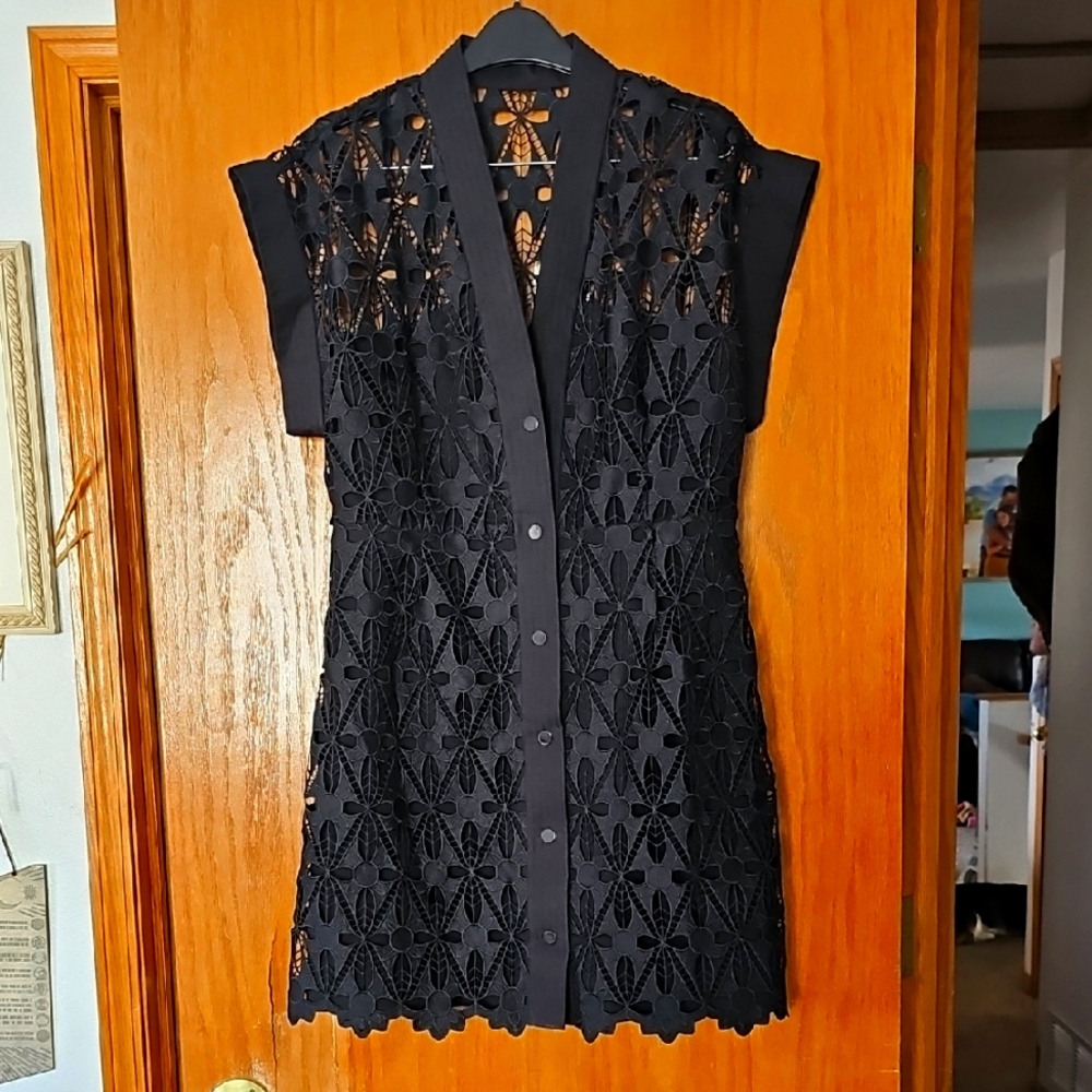 SANDRO Paris Black Lace Button-Up Dress Size 42 EU